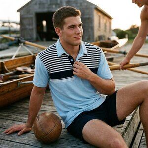 Mossimo Mens Blue Striped Polo Shirt Large 90s Y2K Skater Prep Cotton Classic